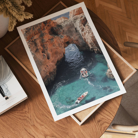 Coastal Cave Boats Poster
