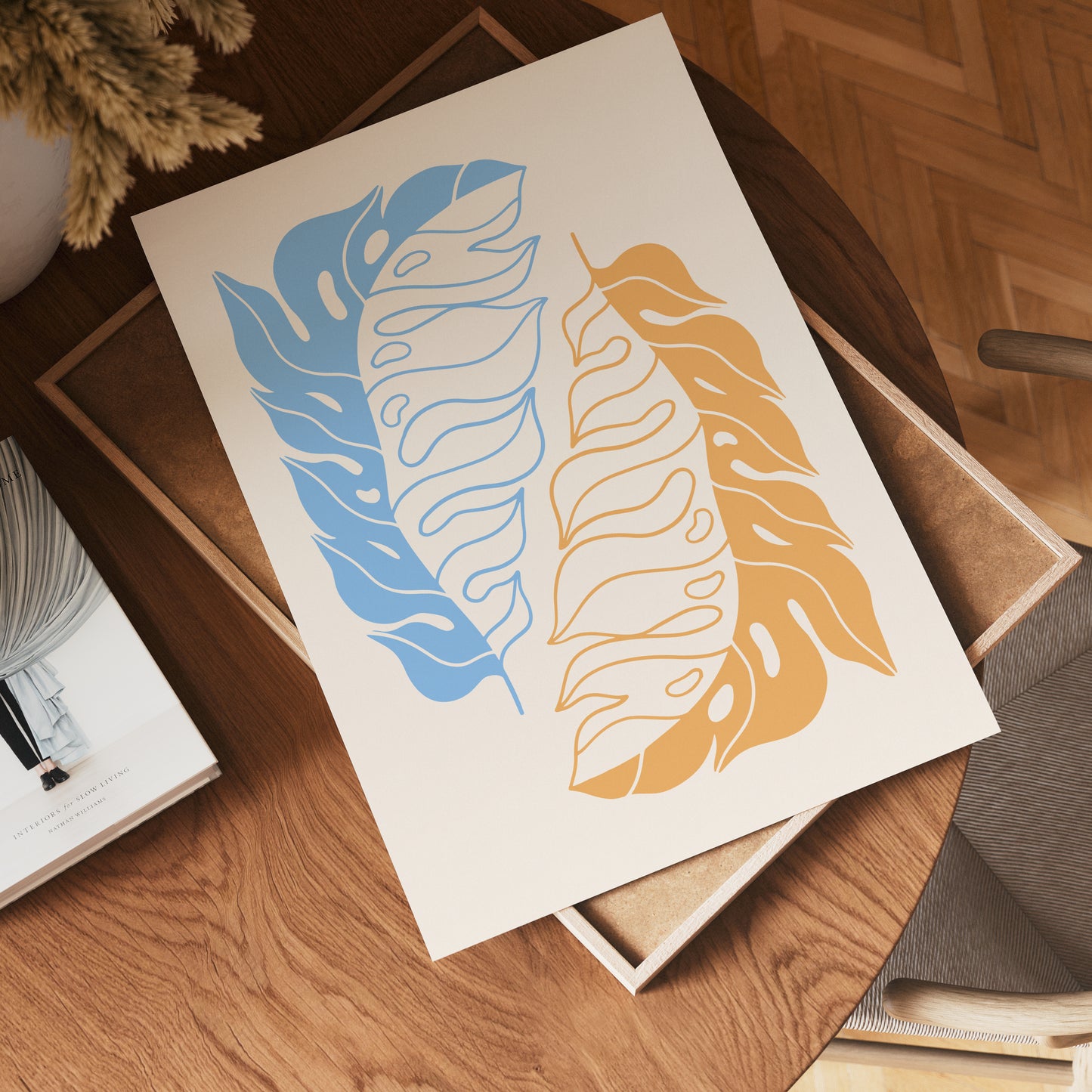 Golden Blue Leaves Poster