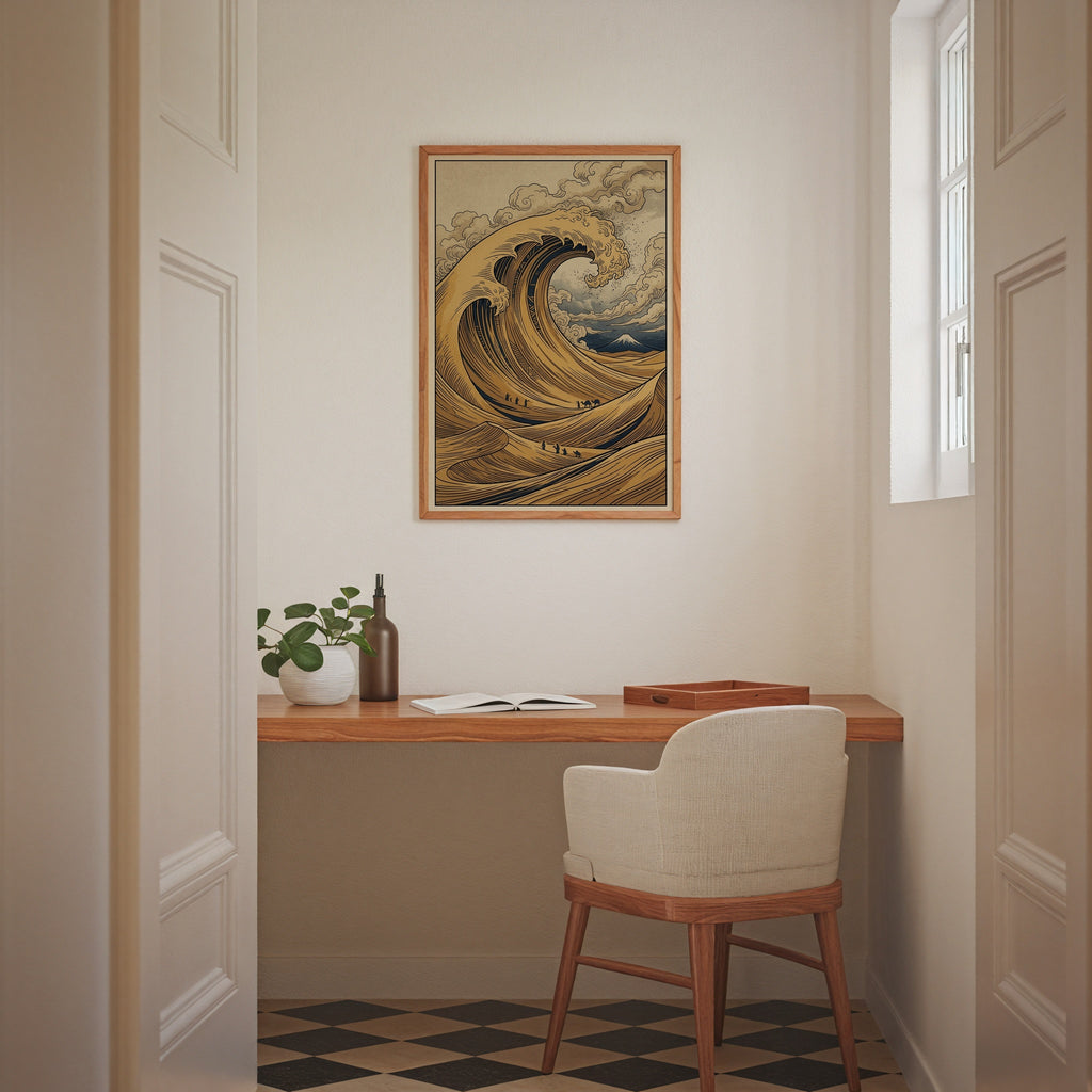 Desert Wave Poster i ett ljust scandinaviskt vardagsrum med planta och minimalistisk hylla