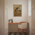 Desert Wave Poster i ett ljust scandinaviskt vardagsrum med planta och minimalistisk hylla