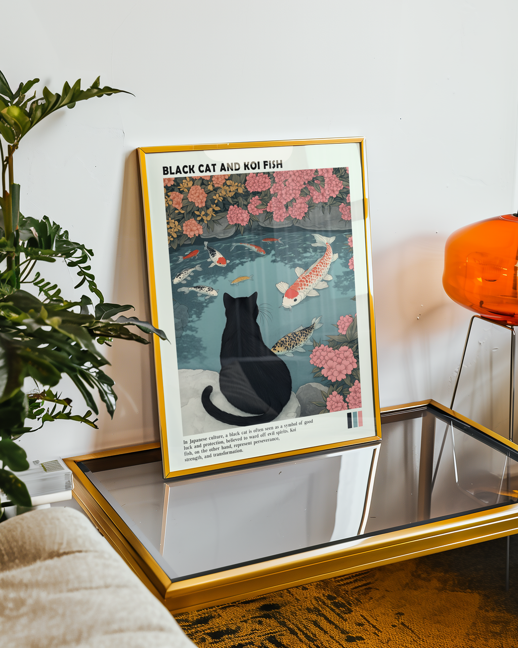 Mockup av Black Cat and Koi Pond affisch på vägg – köp enkelt hos Bozetto i hög kvalitet