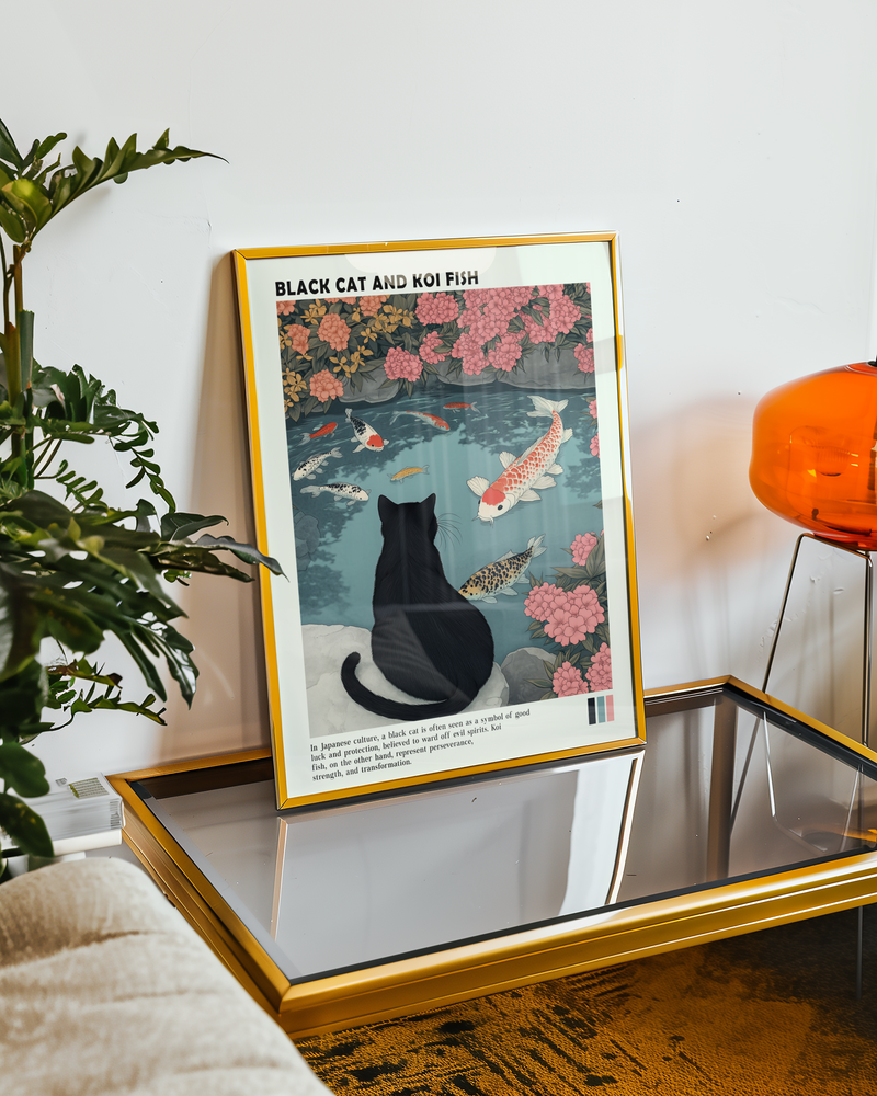 Black Cat and Koi Pond Poster