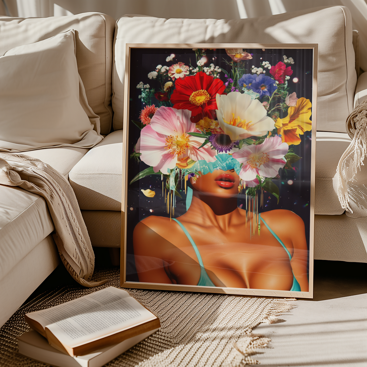 Mockup av Cosmic Floral Vision affisch på vägg – köp enkelt hos Bozetto i hög kvalitet