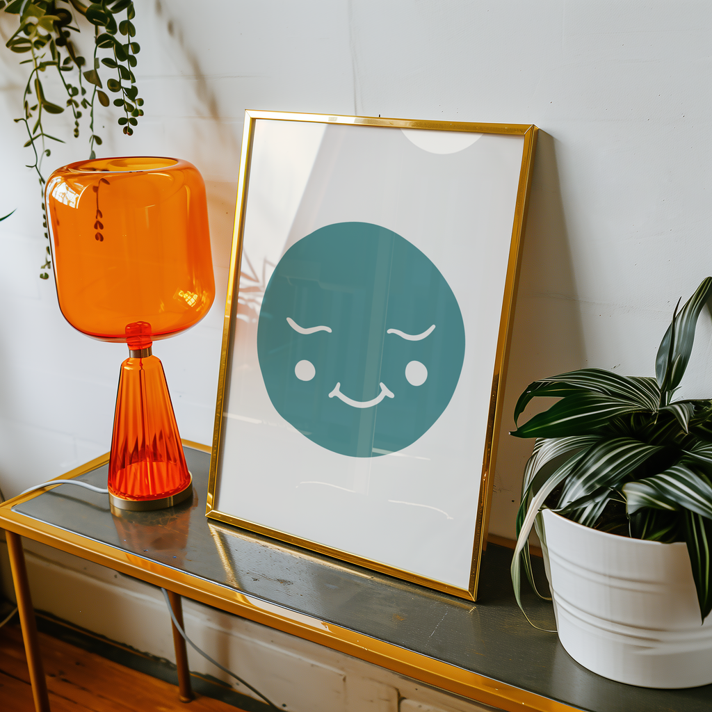 Mockup av Smiling Moon Face affisch på vägg – köp enkelt hos Bozetto i hög kvalitet