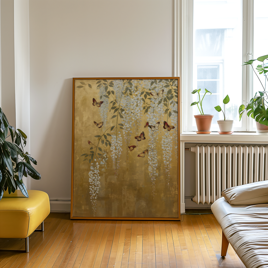 Mockup av Golden Wisteria Butterflies affisch på vägg – köp enkelt hos Bozetto i hög kvalitet