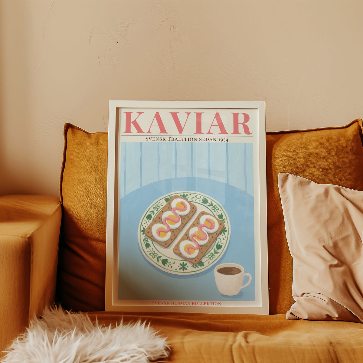 Mockup av Kaviar Knäckebröd och Ägg affisch på vägg – köp enkelt hos Bozetto i hög kvalitet