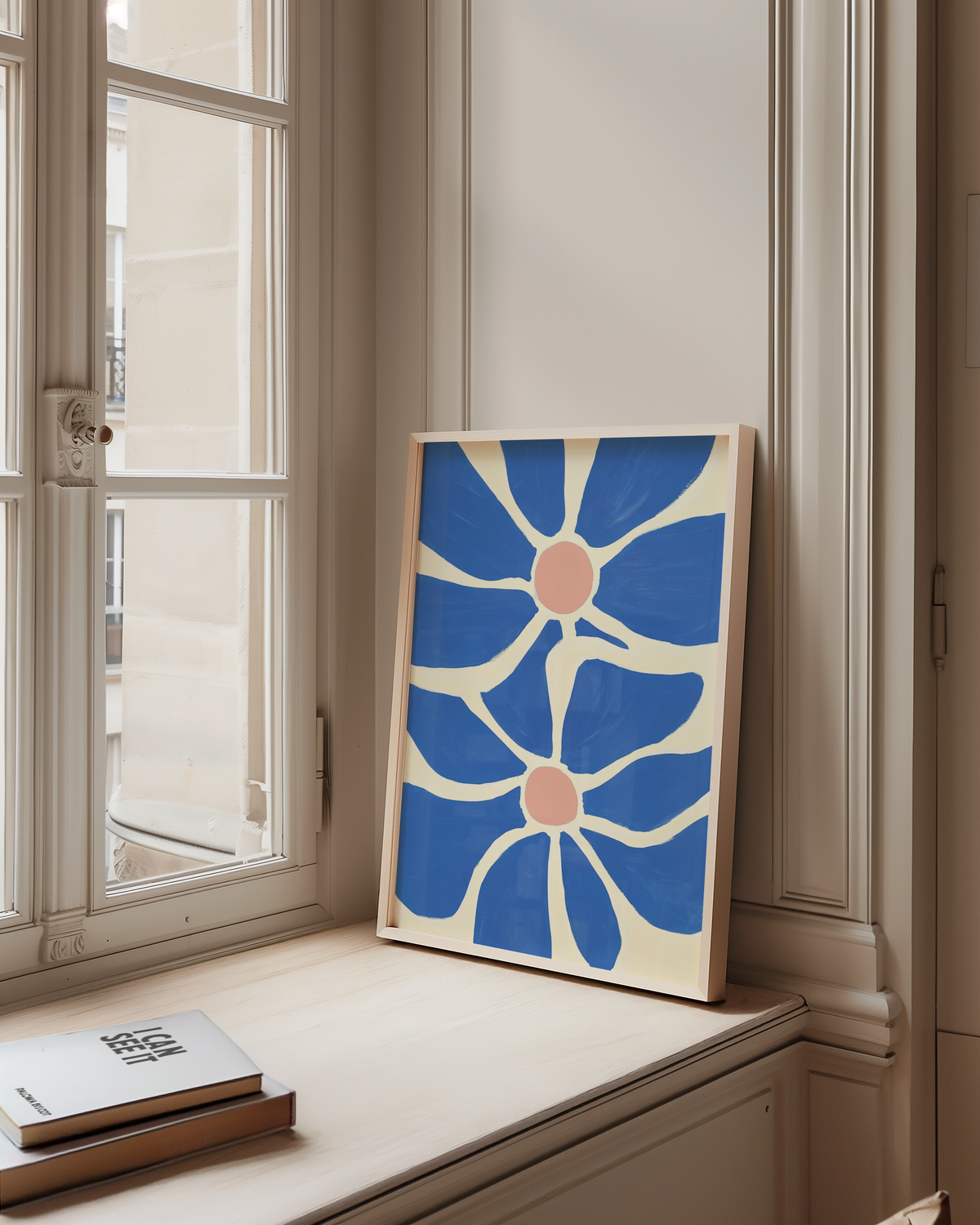 Mockup av Happy Blue Flower No.2 affisch på vägg – köp enkelt hos Bozetto i hög kvalitet
