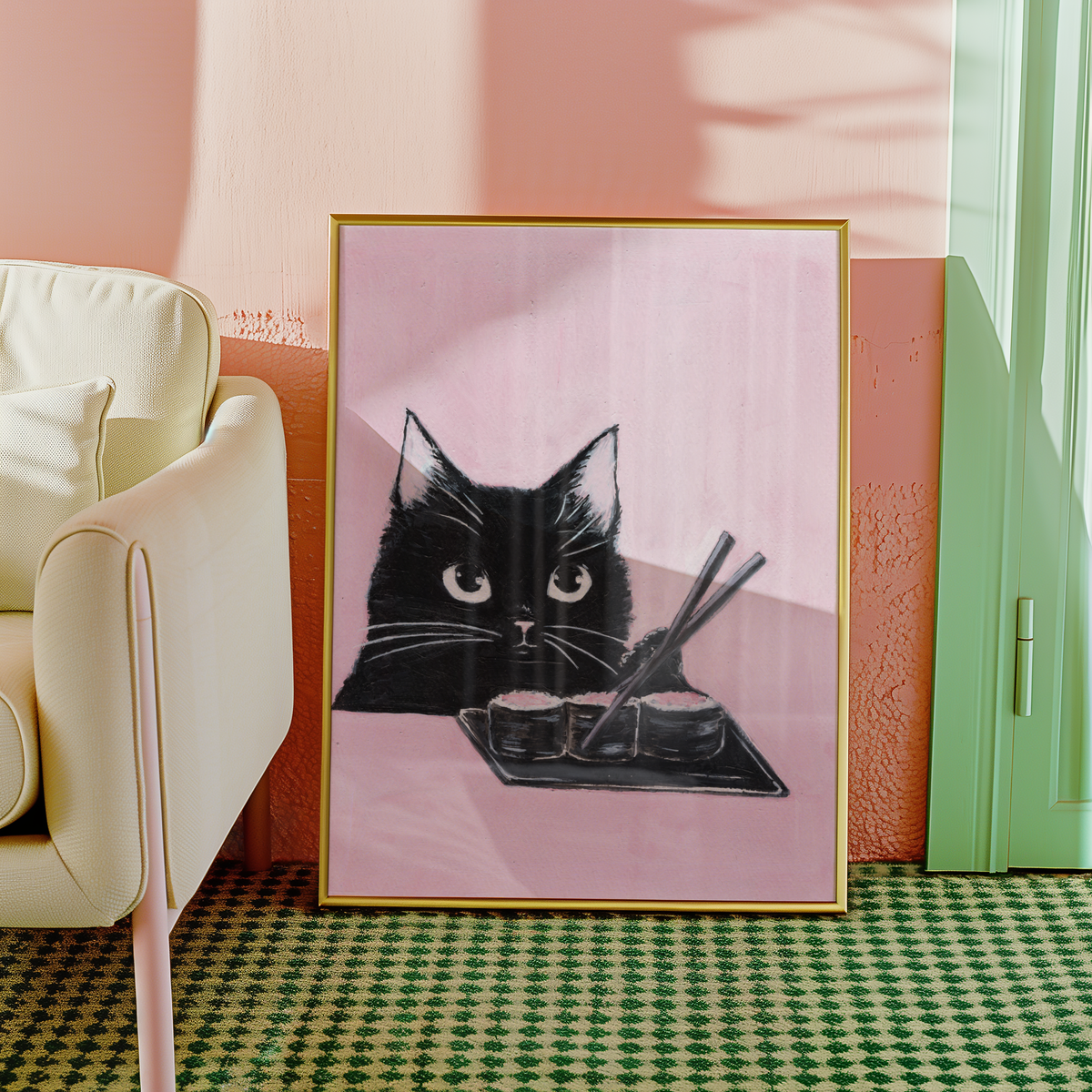 Mockup av Helena Engström Sushi Cat affisch på vägg – köp enkelt hos Bozetto i hög kvalitet