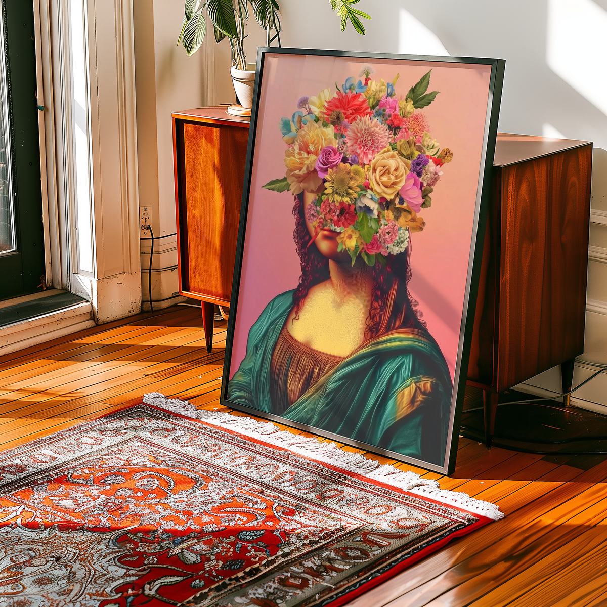 Mockup av Floral Mona Lisa Portrait affisch på vägg – köp enkelt hos Bozetto i hög kvalitet