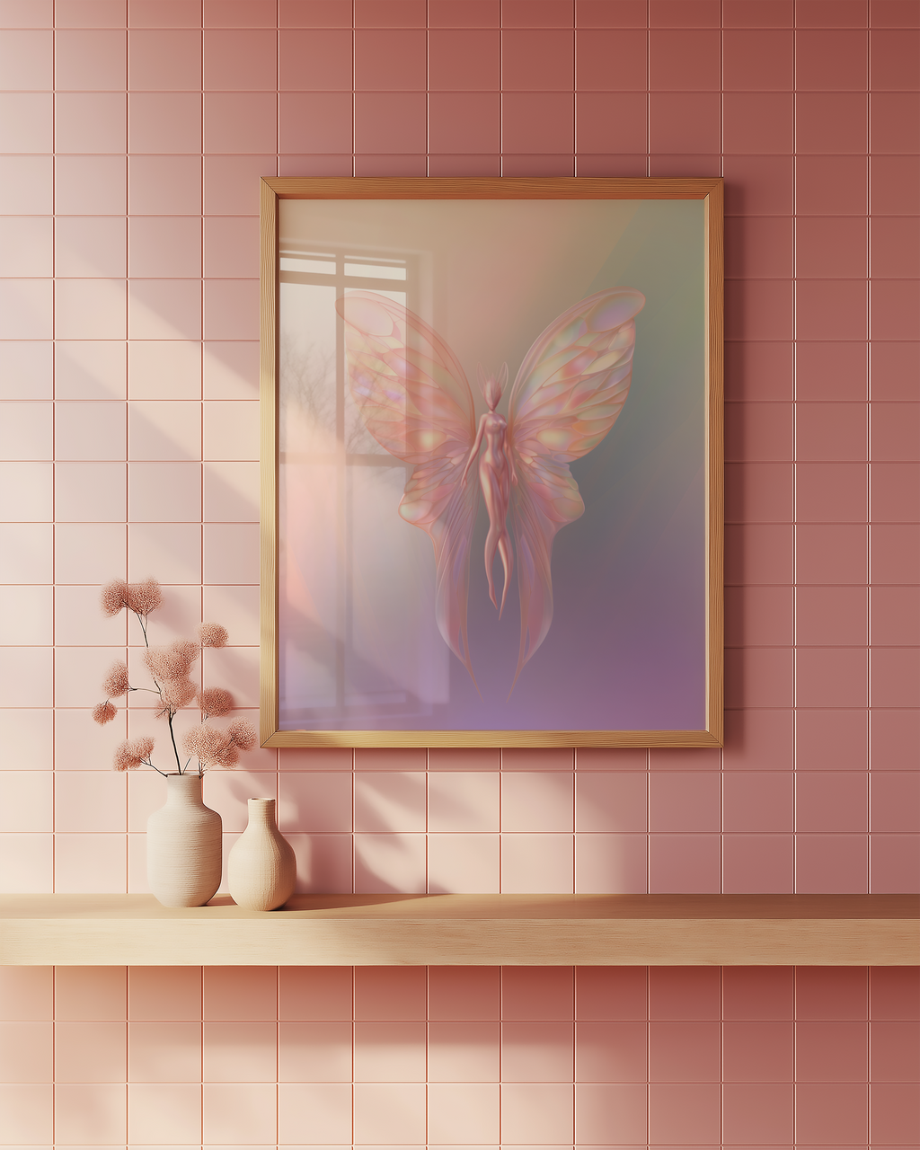 Mockup av Pastel Fairy Wings affisch på vägg – köp enkelt hos Bozetto i hög kvalitet