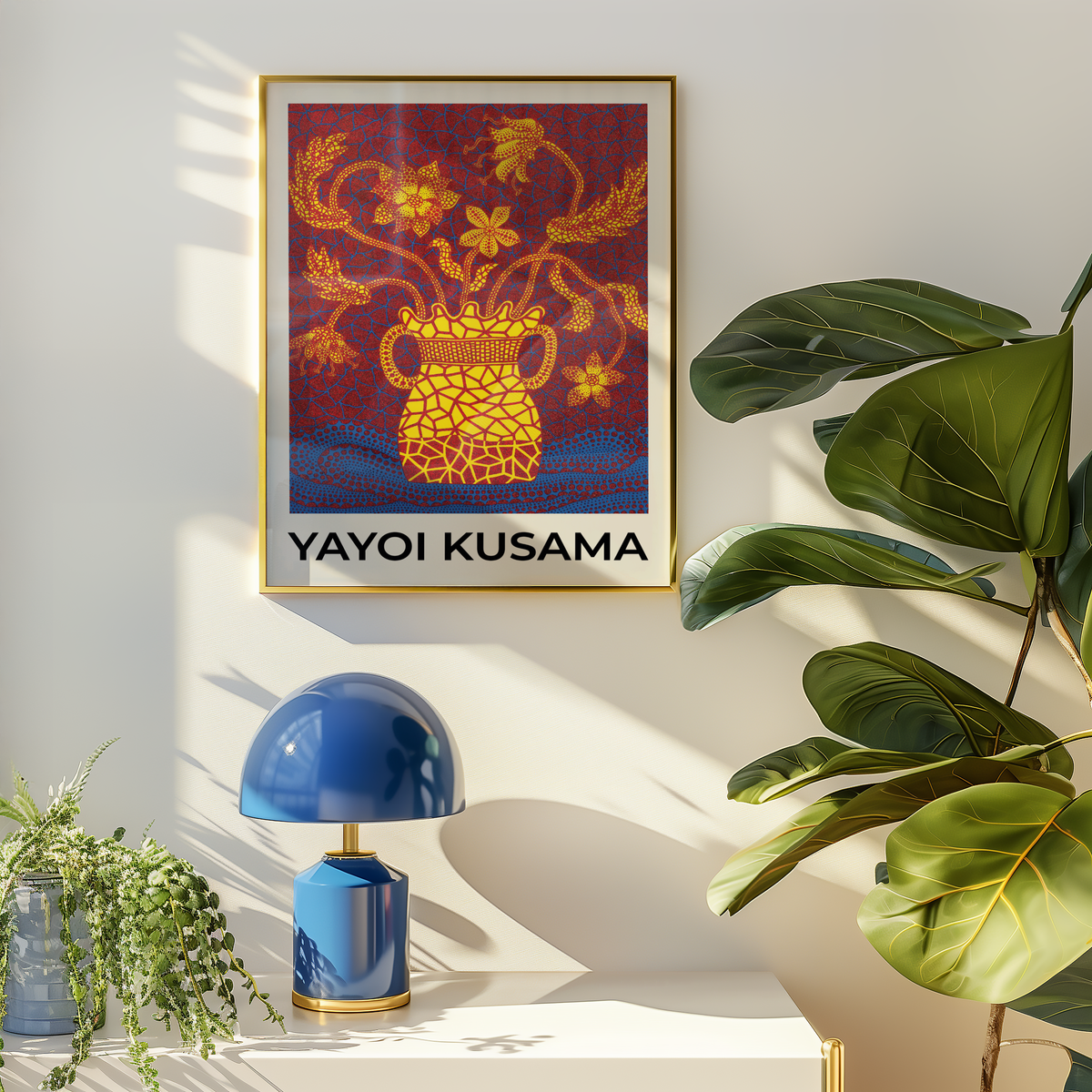Mockup av Yayoi Kusama Bloom Mosaic affisch på vägg – köp enkelt hos Bozetto i hög kvalitet