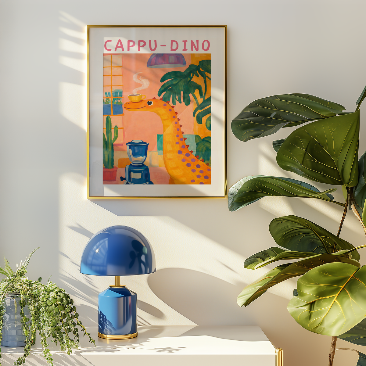 Cappu Dino poster visualiserad på vägg – se rätt storlek med mockup från Bozetto