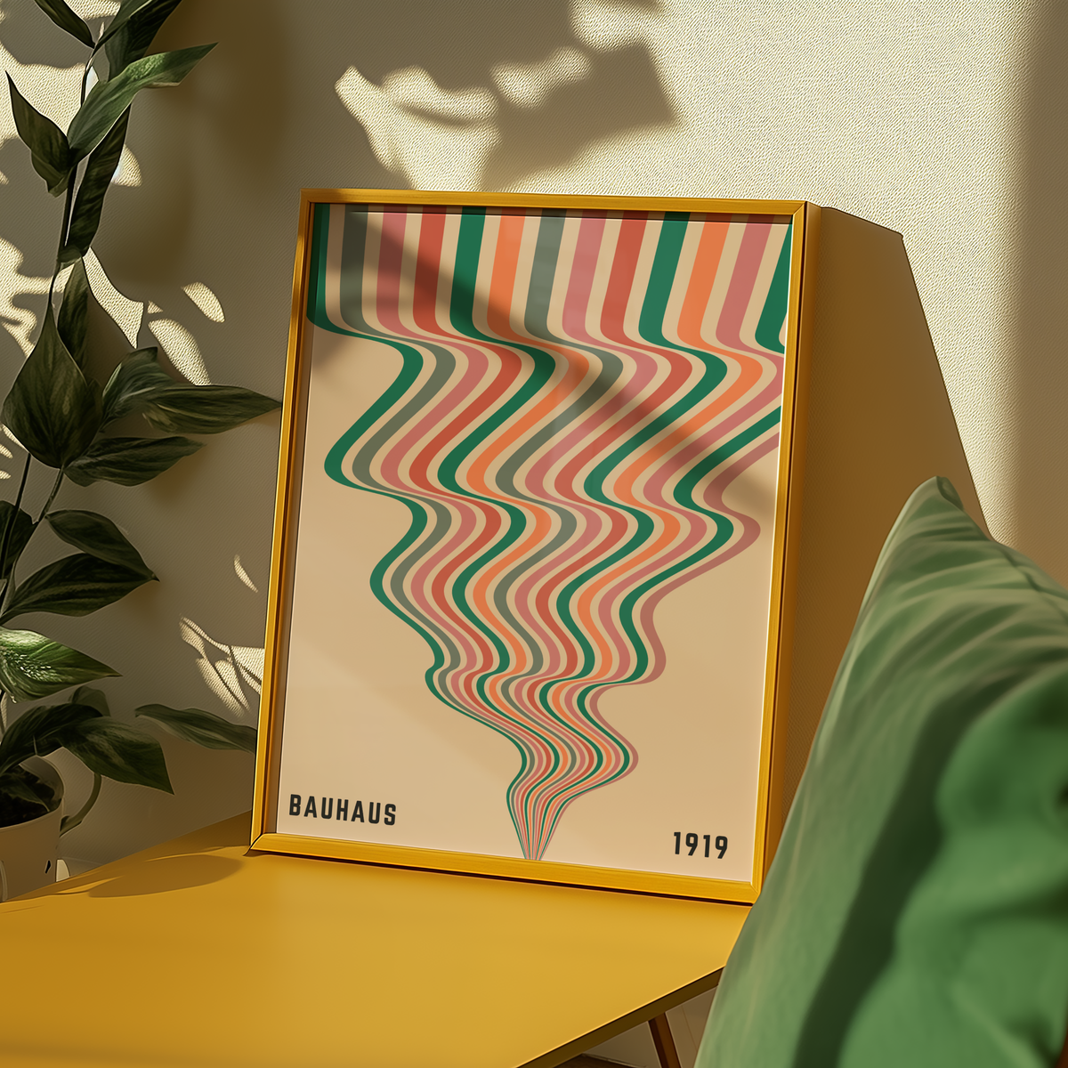 Väggmockup av Bauhaus Flow affisch på ljus tegelvägg – Bozetto konsttryck i hög tryckkvalitet