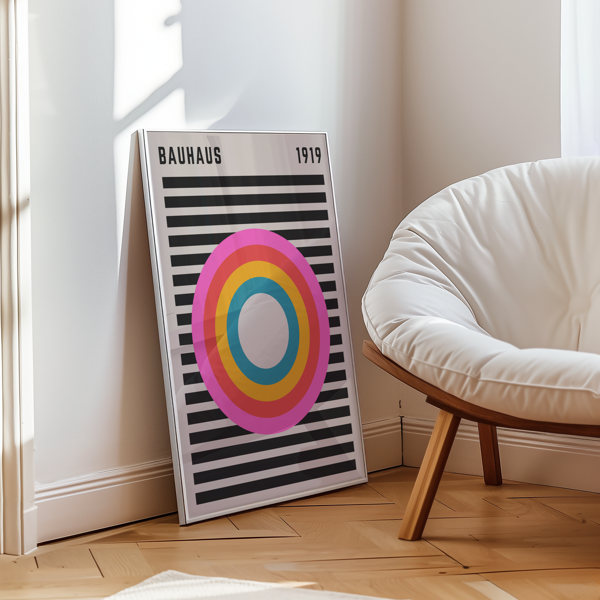 Mockup av Bauhaus Spectrum No. 2 affisch på vägg – köp enkelt hos Bozetto i hög kvalitet
