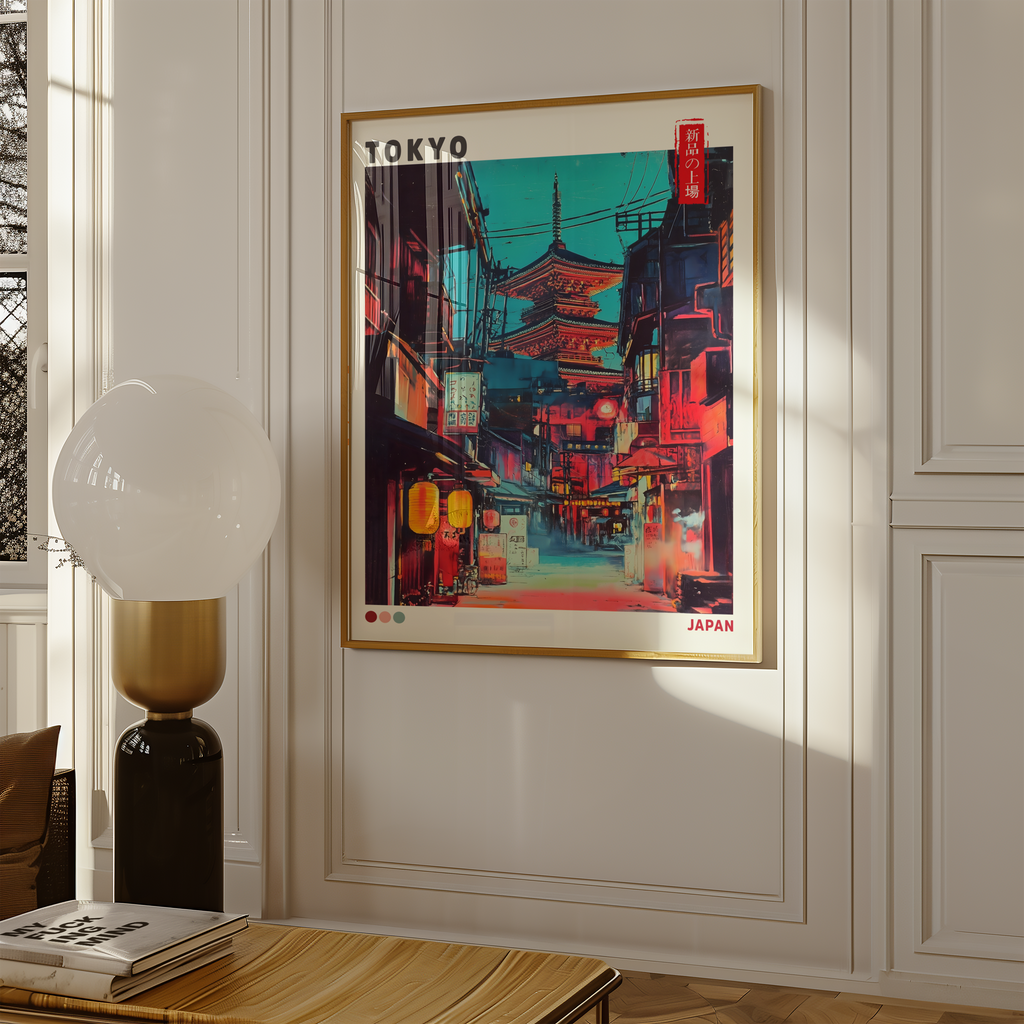 Mockup av Tokyo Red Street affisch på vägg – köp enkelt hos Bozetto i hög kvalitet