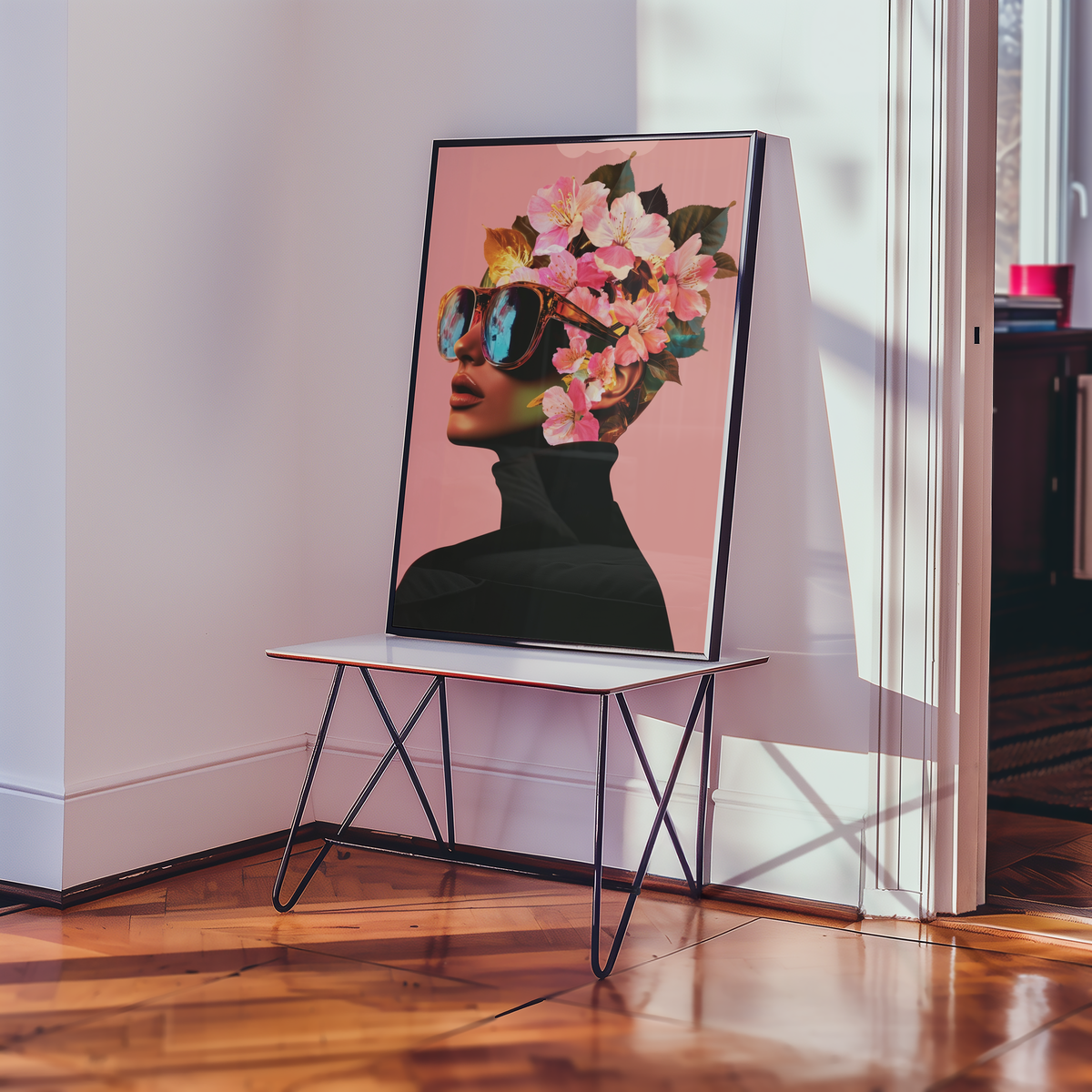 Mockup av Floral Sunglasses Portrait affisch på vägg – köp enkelt hos Bozetto i hög kvalitet