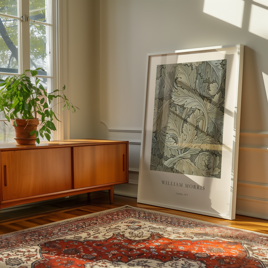 Mockup av William Morris Acanthus affisch på vägg – köp enkelt hos Bozetto i hög kvalitet