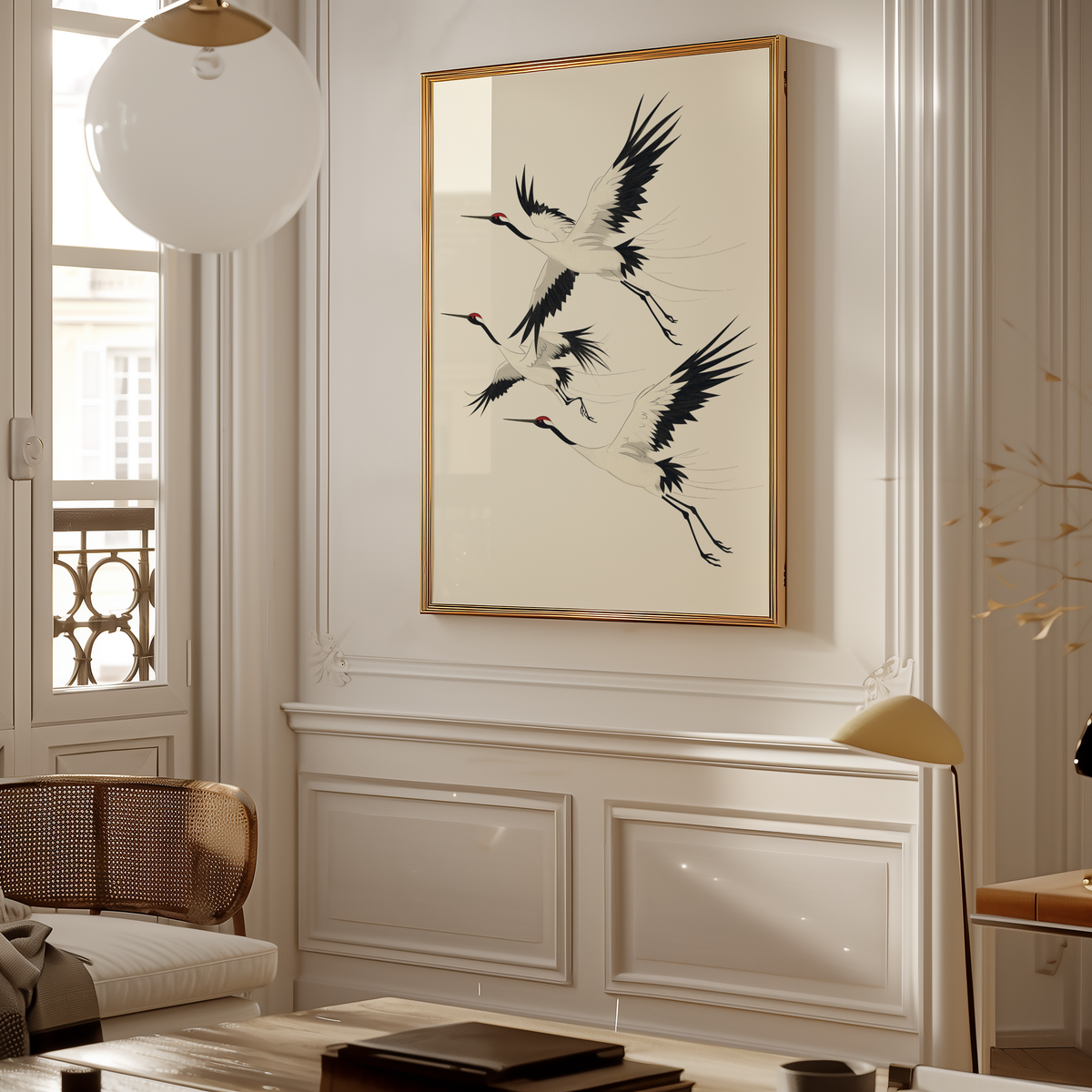 Mockup av Cranes in Flight affisch på vägg – köp enkelt hos Bozetto i hög kvalitet