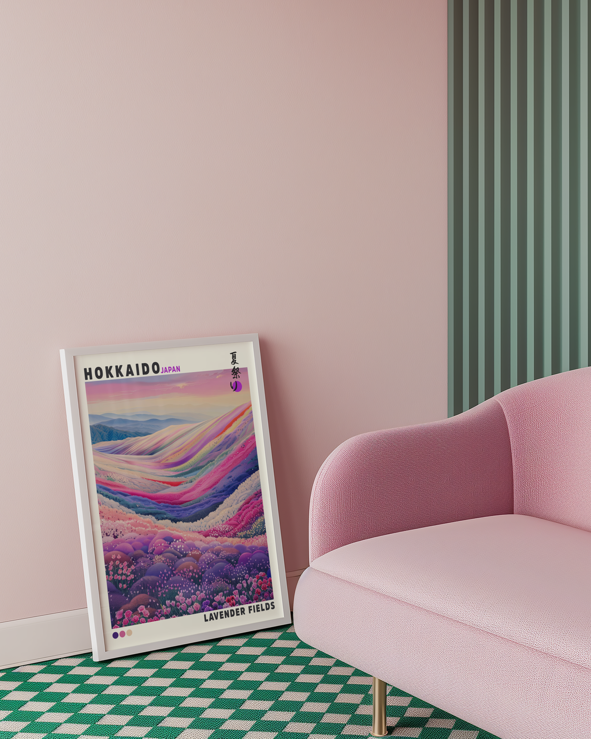 Mockup av Hokkaido Lavender Fields affisch på vägg – köp enkelt hos Bozetto i hög kvalitet
