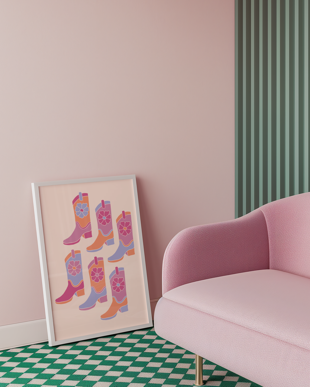 Mockup av Pink Cowboy Boots affisch på vägg – köp enkelt hos Bozetto i hög kvalitet