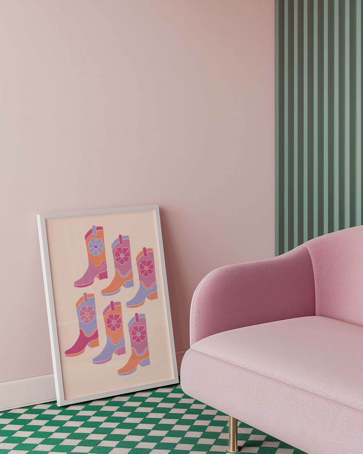 Mockup av Pink Cowboy Boots affisch på vägg – köp enkelt hos Bozetto i hög kvalitet