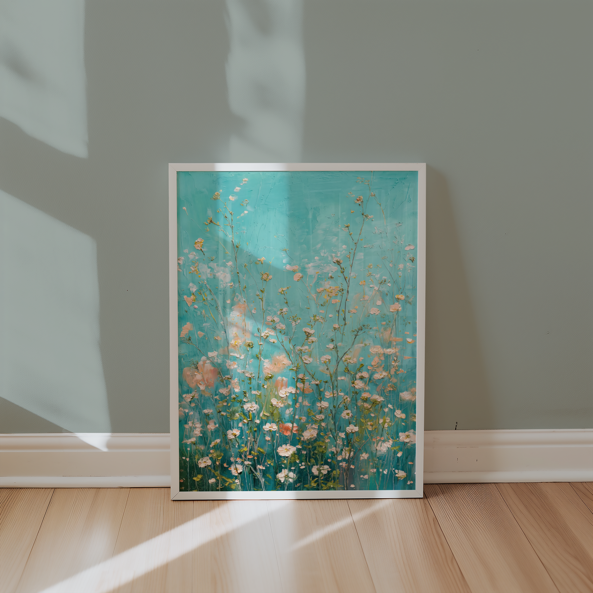 Turquoise Wildflower Meadow poster visualiserad på vägg – från Bozetto i hög kvalitet