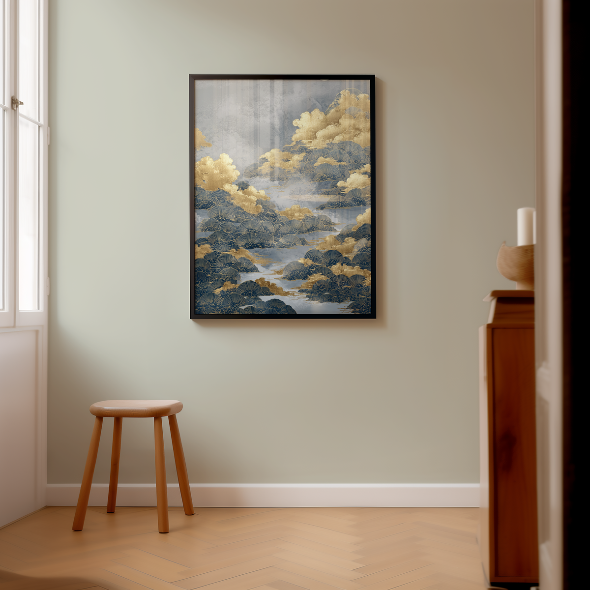Väggmockup av Golden Cloud Tides affisch på ljus vägg – Bozetto konsttryck – nr 3