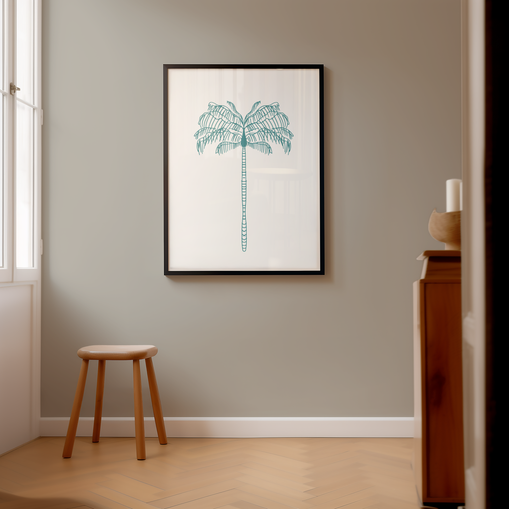 Mockup av Palmtree Minimalism affisch på vägg – köp enkelt hos Bozetto i hög kvalitet