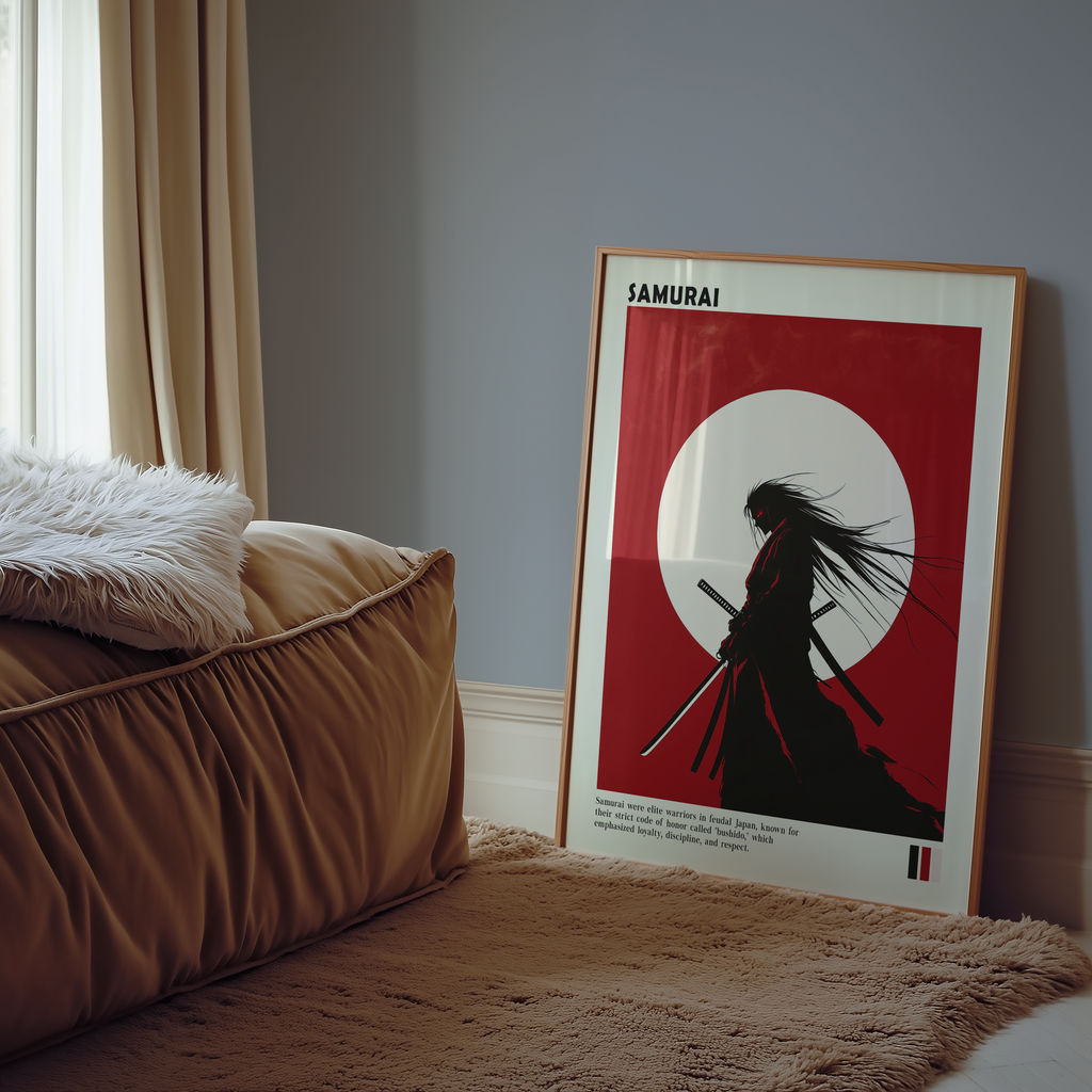 Mockup av Samurai Warrior affisch på vägg – köp enkelt hos Bozetto i hög kvalitet