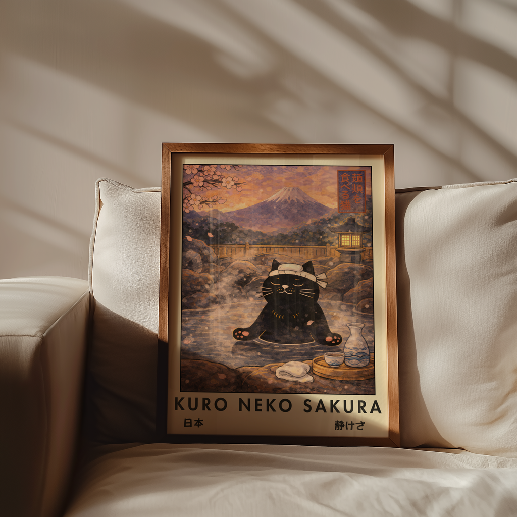 Mockup av Kuro Neko Sakura Onsen Cat affisch på vägg – köp enkelt hos Bozetto i hög kvalitet