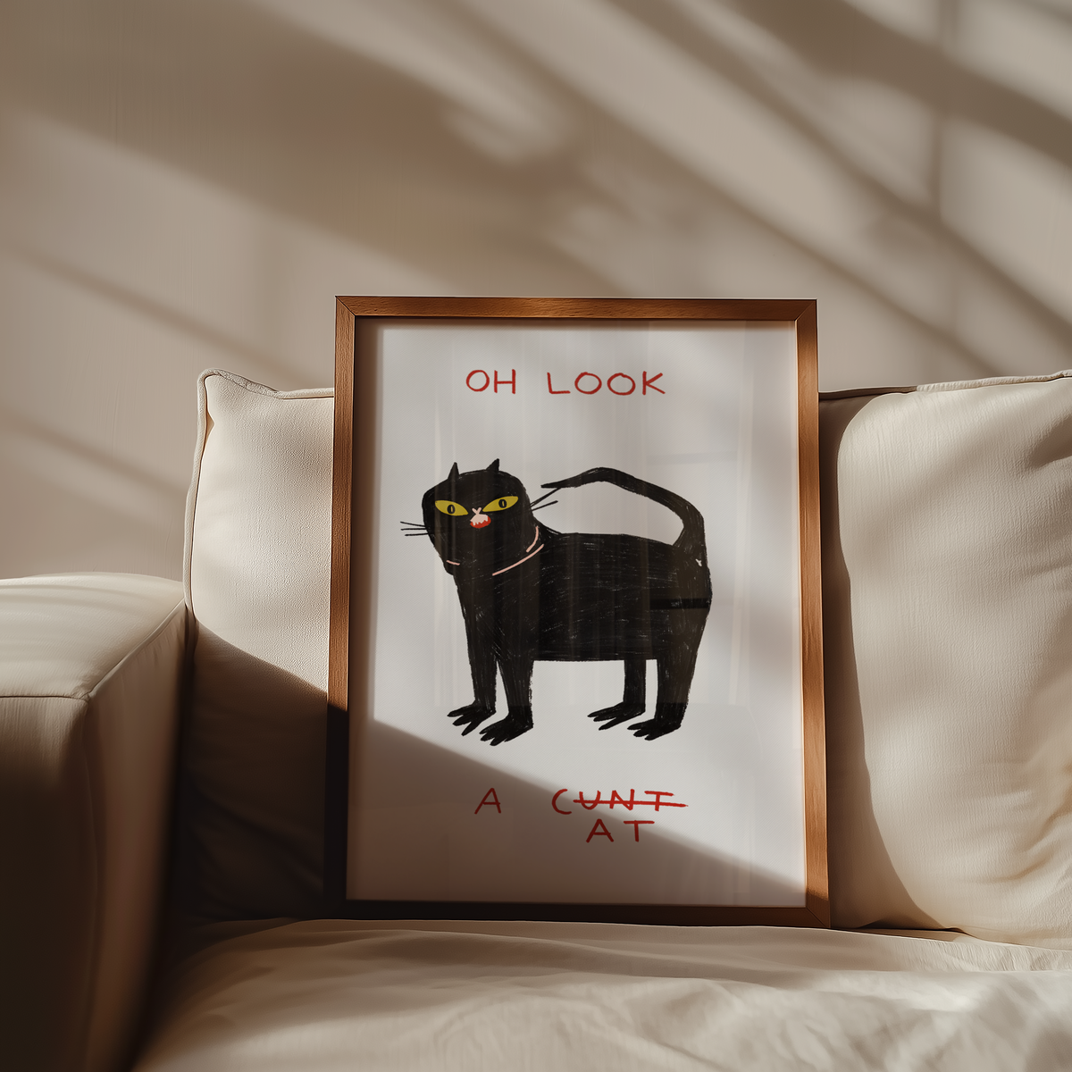 Väggmockup av Oh Look Cat affisch på ljus tegelvägg – Bozetto konsttryck i hög tryckkvalitet