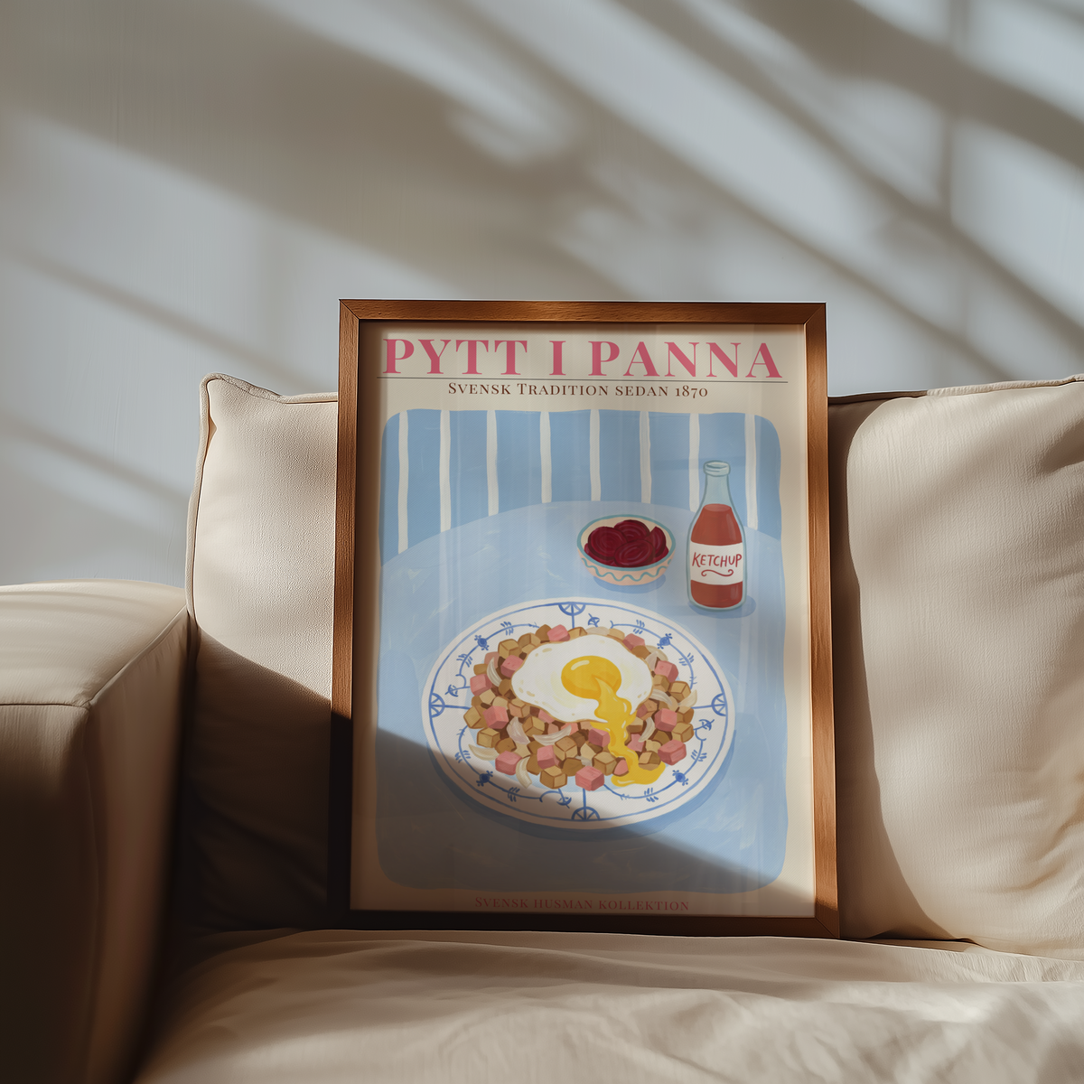 Väggmockup av Pytt i Panna affisch på ljus tegelvägg – Bozetto konsttryck i hög tryckkvalitet