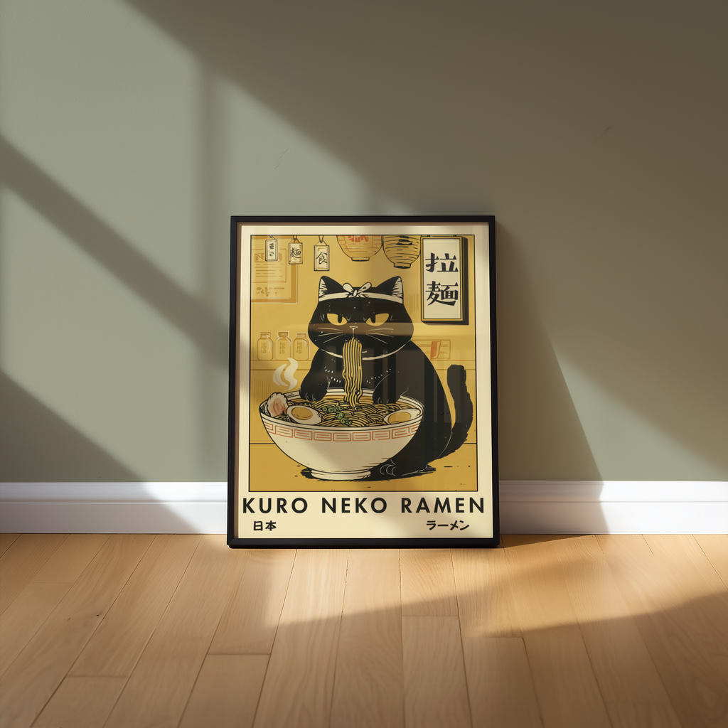 Mockup av Kuro Neko Ramen Cat affisch på vägg – köp enkelt hos Bozetto i hög kvalitet