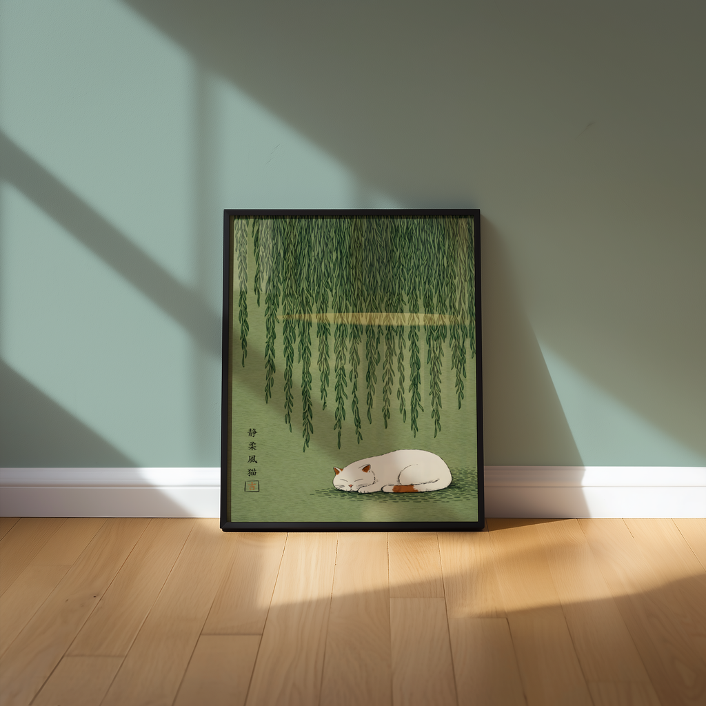 Mockup av Silent Willow Cat affisch på vägg – köp enkelt hos Bozetto i hög kvalitet