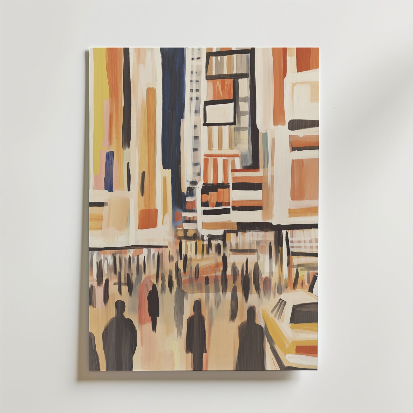 Bozetto Voices in Color Poster föreställer en livlig stadsgata med höga byggnader, suddiga figurer och en gul taxi i varma, abstrakta penseldrag, tryckt som en högkvalitativ poster på FSC-certifierat premiumpapper.