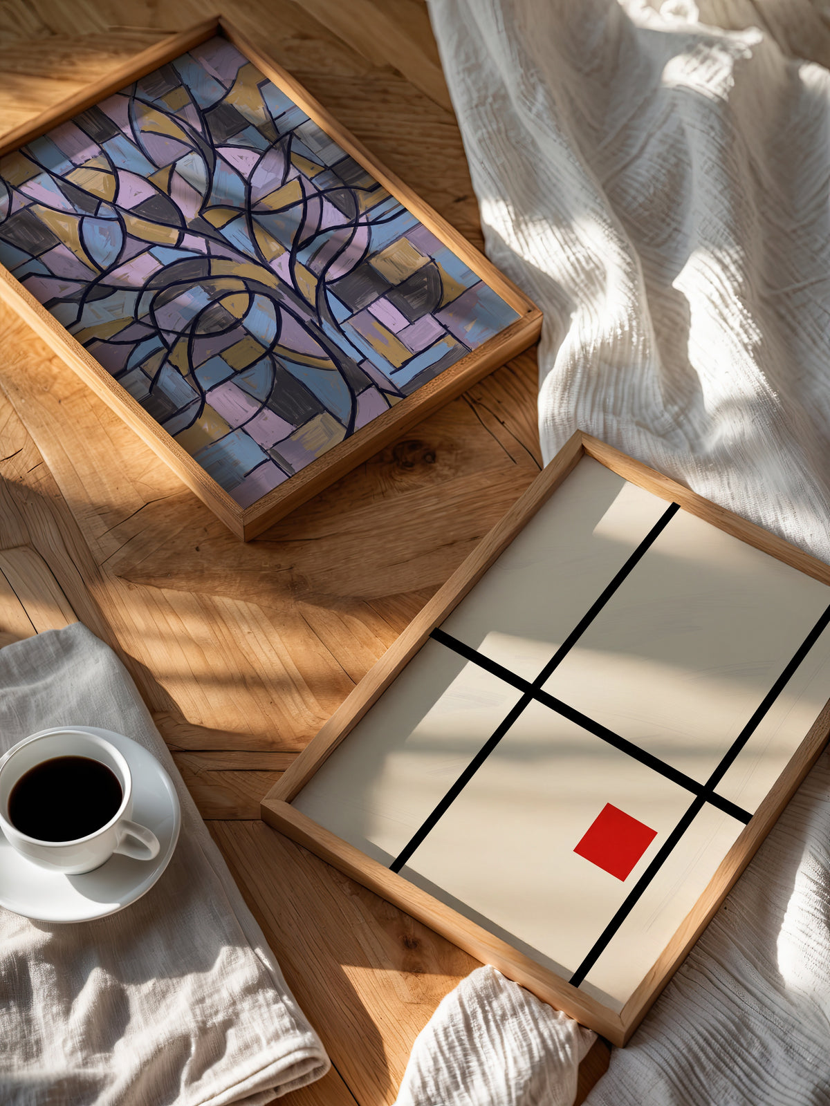 Piet Mondrian Composition with Small Red Square Poster – två posters i rum 2