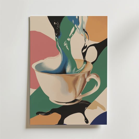 Inspirerad av Bozettos Abstract Melting Coffee Poster, föreställer detta konstverk en tekopp med färgglad vätska, med djärva böjda former i pastellfärger och mörka nyanser på lyxigt premiumpapper för ett modernt, konstnärligt uttryck.