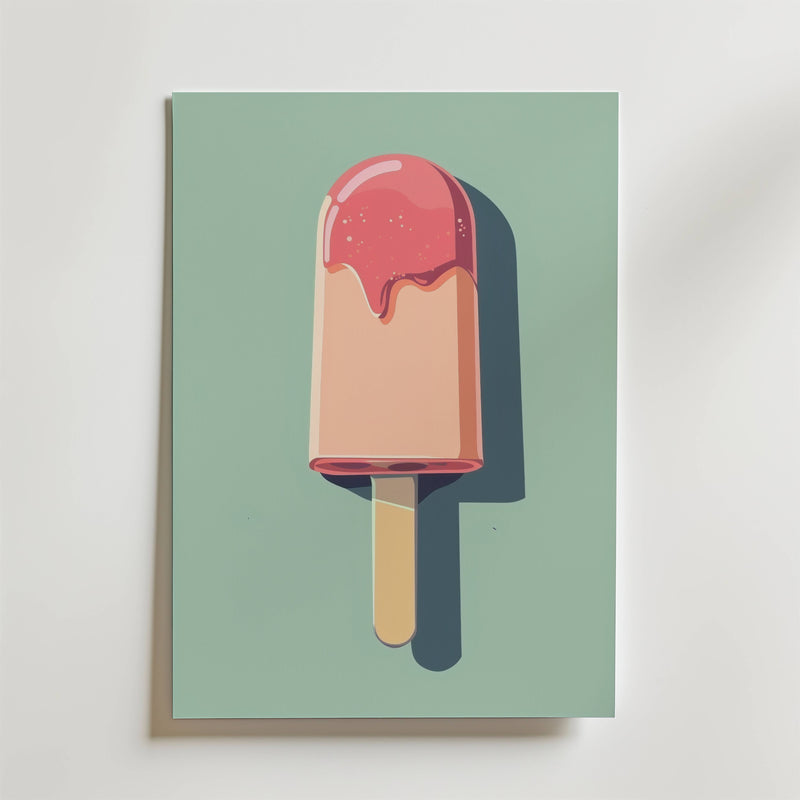 A minimalist illustration of no-9: a popsicle with a pink, melting top on a light green background, centered on a rectangular canvas with a right-cast shadow.