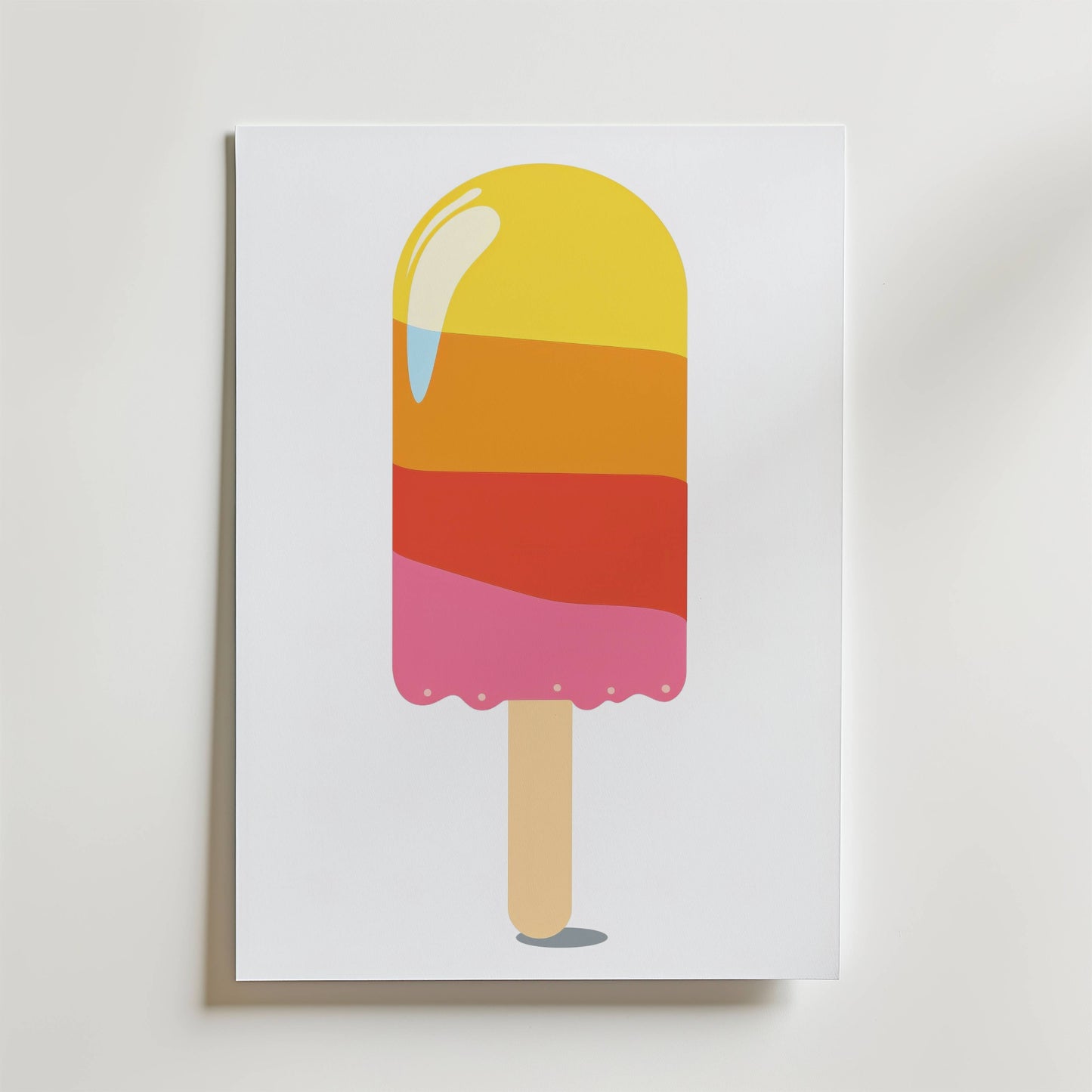 The no-9 poster showcases a minimalist design of a colorful popsicle with yellow, orange, and pink layers on a wooden stick, displayed against a plain white background.