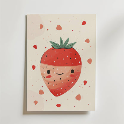 The no-9 features a cute illustration of a smiling strawberry with cartoon eyes and cheeks on a light background, surrounded by small red strawberry seeds and shapes.