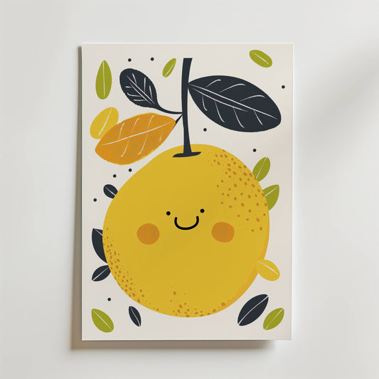 A cheerful illustration of no-9, a yellow fruit with a smiling face, surrounded by green and yellow leaves on a white background.