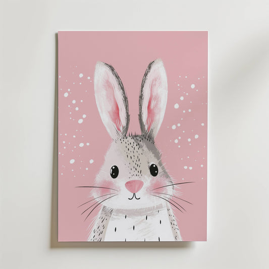 No-9 features a charming gray bunny with big ears and rosy cheeks, set against a pink background with white dots, printed on canvas and displayed against a white wall.