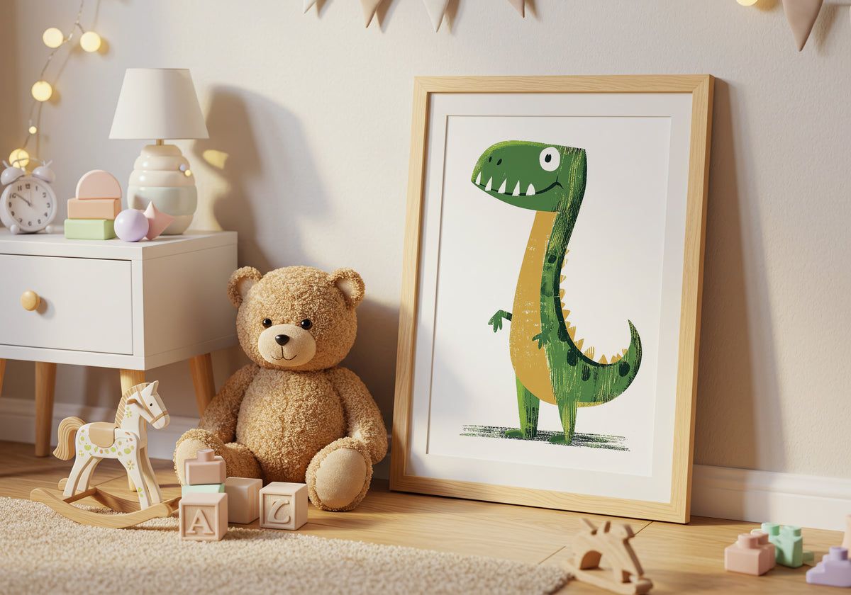 Green Dino – affisch med snyggt motiv, köp enkelt hos Bozetto i flera storlekar i hög tryckkvalitet