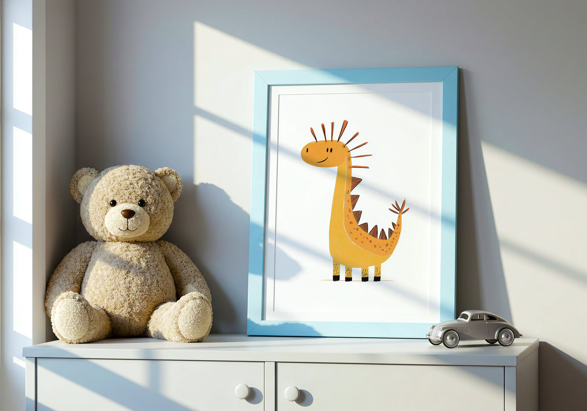 Yellow Dino poster visad rakt fram – Bozetto affisch i hög tryckkvalitet i hög tryckkvalitet