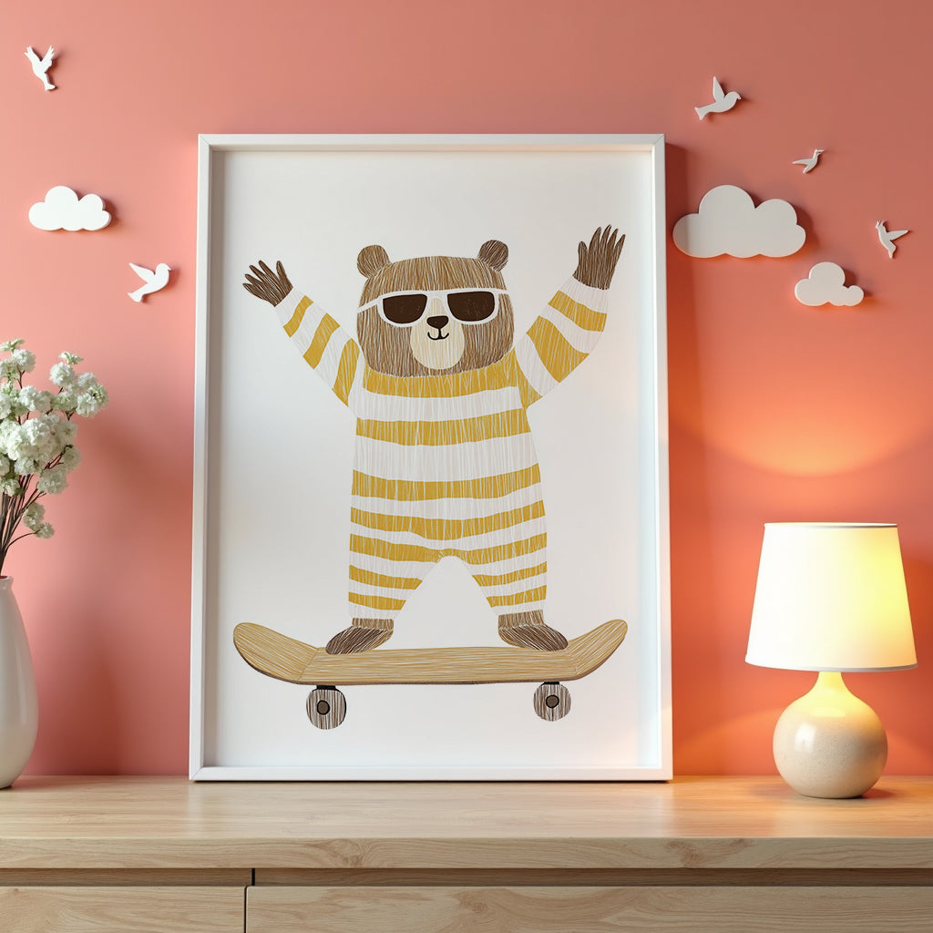 Väggmockup av Sunny Skater Bear affisch på ljus vägg – Bozetto konsttryck – nr 3