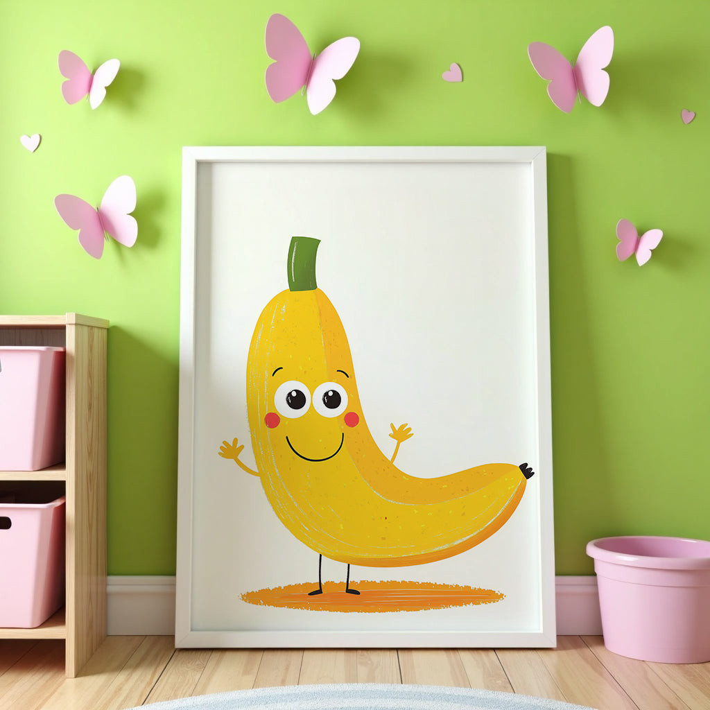 Väggmockup av Happy Banana affisch på ljus tegelvägg – Bozetto konsttryck i hög tryckkvalitet