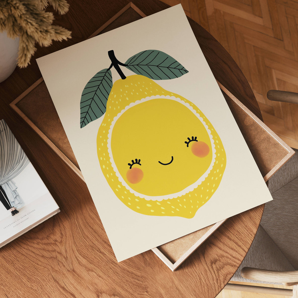 Smiling Lemon konsttryck på vit bakgrund – elegant Bozetto affisch för hemmet i hög tryckkvalitet