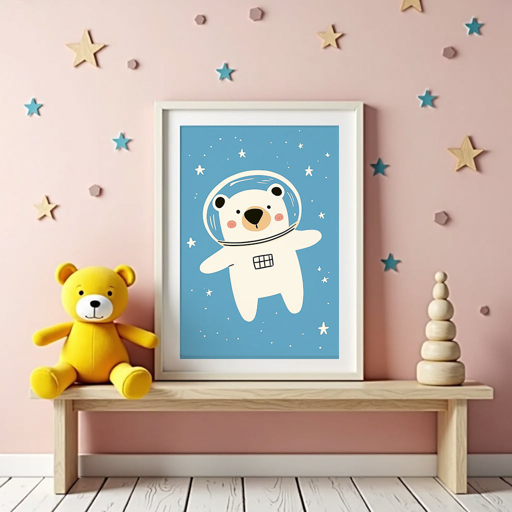 Väggmockup av Space Bear affisch på ljus tegelvägg – Bozetto konsttryck i hög tryckkvalitet