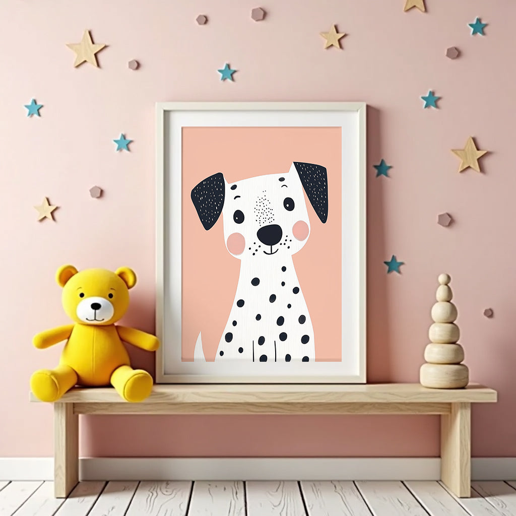 Mockup av Playful Dalmatian affisch på vägg – köp enkelt hos Bozetto i hög kvalitet