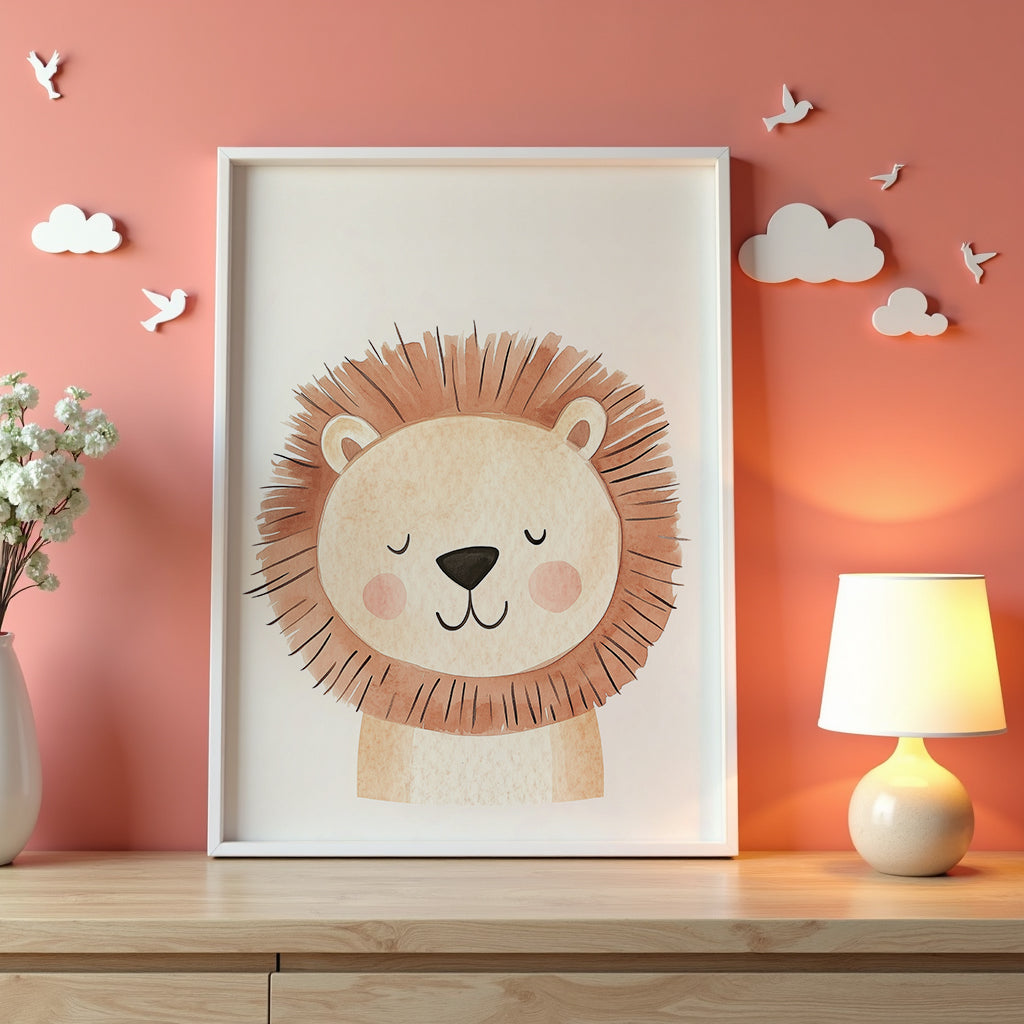 Väggmockup av Sleepy Lion affisch på ljus tegelvägg – Bozetto konsttryck i hög tryckkvalitet